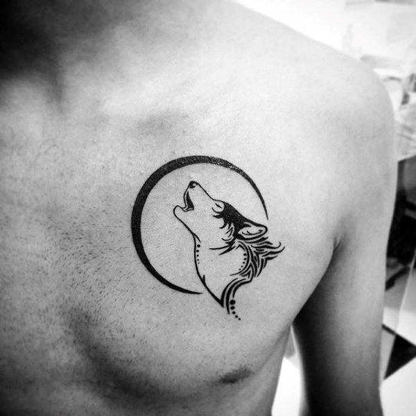 Tribal Wolf Moon Tattoo On Male Chest