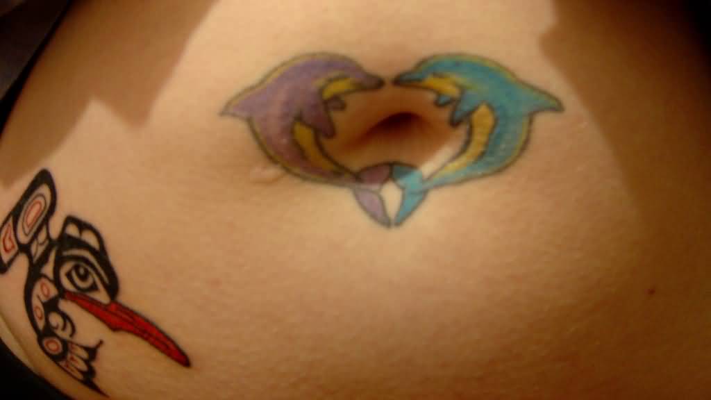 Two Dolphins Tattoo Around Belly Button