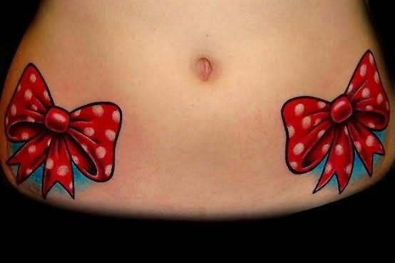 Two Red And White Dotted Bow Tattoos On Waist