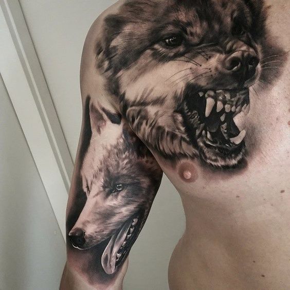 Two face Wolf Tattoo On Arm And shoulder