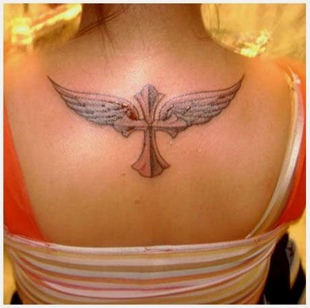 Unique Winged Cross Tattoo On Back