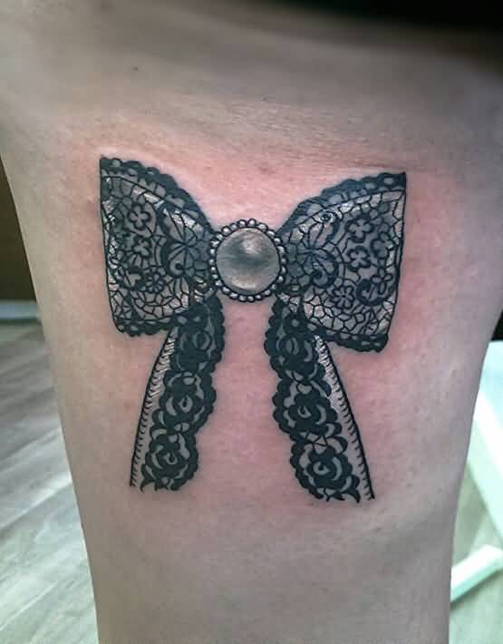 Vintage Black Lace Bow Tattoo On Back Thigh