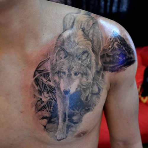 Walking Wolf Tattoo On chest