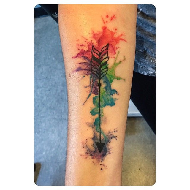 Water Color Arrow Tattoo On Forearm