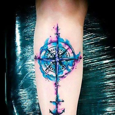 Water Color Compass And Anchor Nautical Tattoo