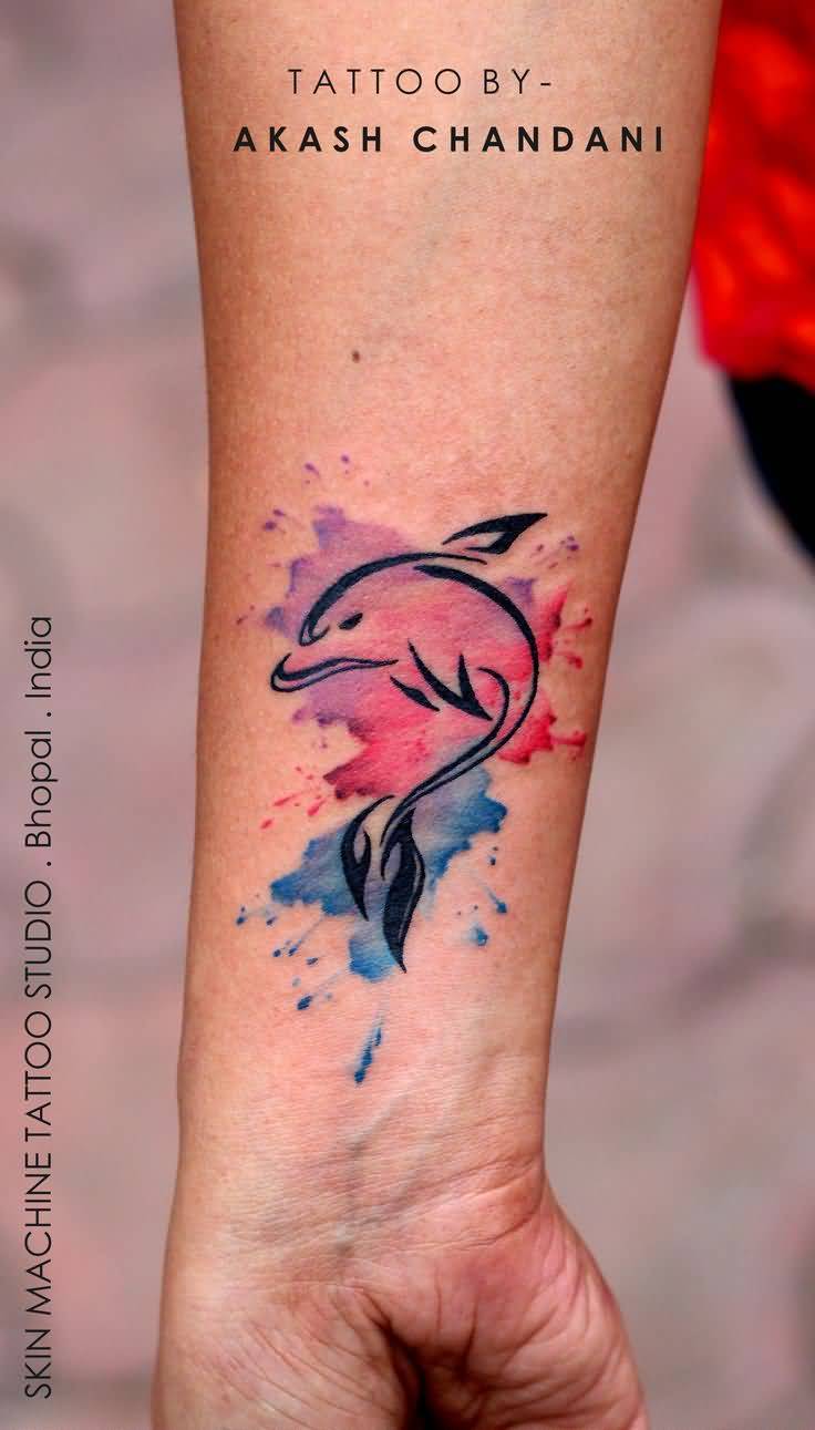 Water Color Dolphin Tattoo On Wrist