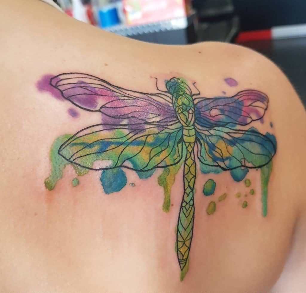 Water Color Dragonfly Tattoo On back Shoulder