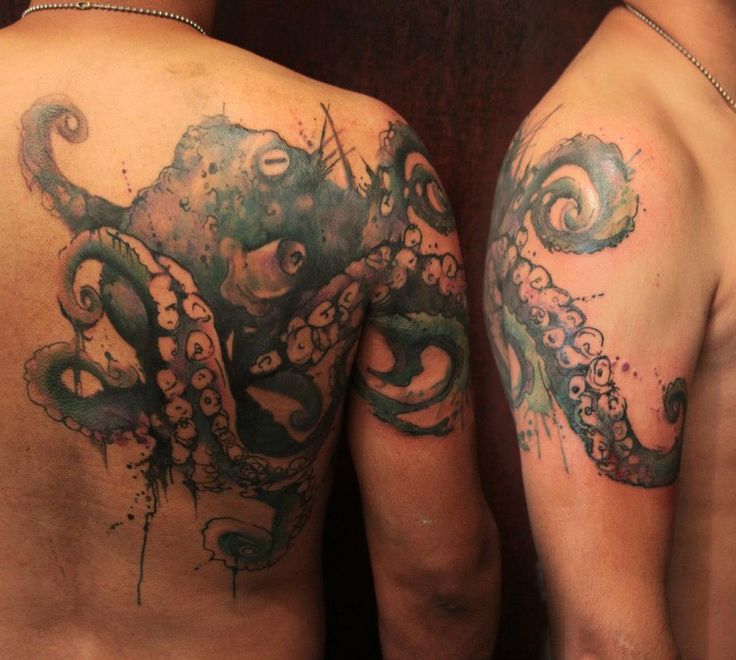 Water Color Octopus Tattoo On Back