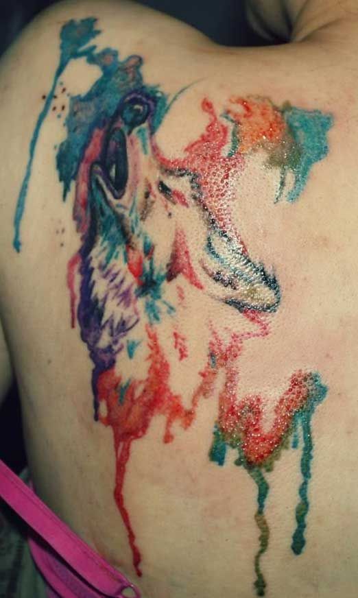 Water Color howling Wolf Tattoo On Back Shoulder