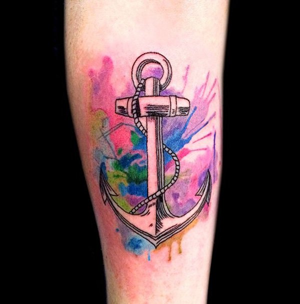 Watercolor Anchor Tattoo On Leg