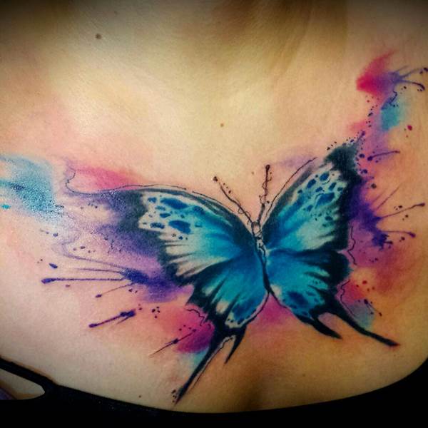 Watercolor Butterfly Tattoo On Chest