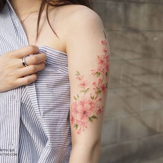 Watercolor Cherry Blossom Tattoo On Half Sleeve