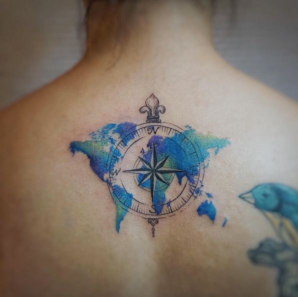 Watercolor Compass tattoo on back