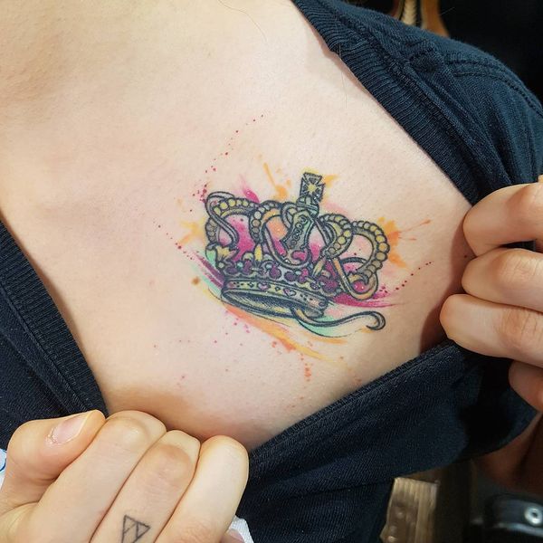 Watercolor Crown Tattoo On Chest