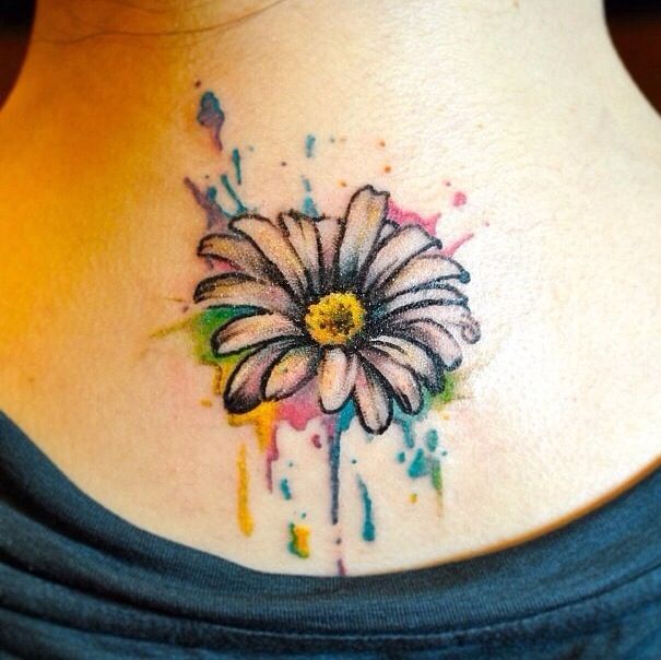Watercolor Daisy Tattoo On back neck