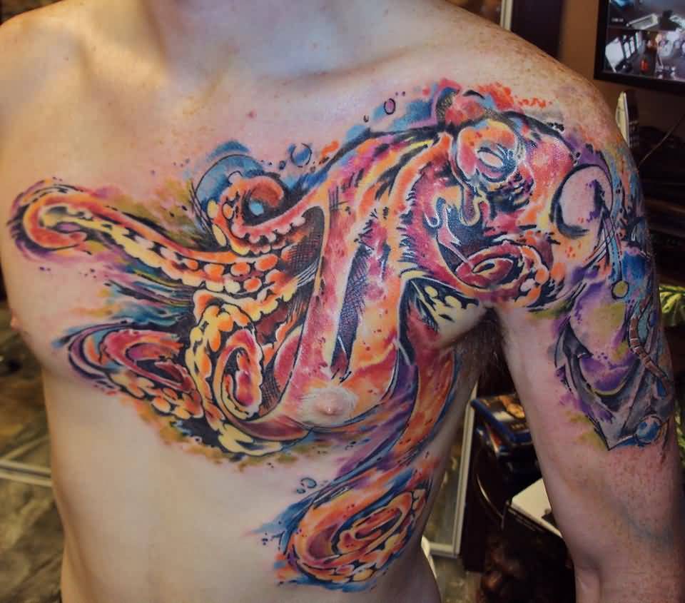 Watercolor Dragon Tattoo On Chest And half Sleeve