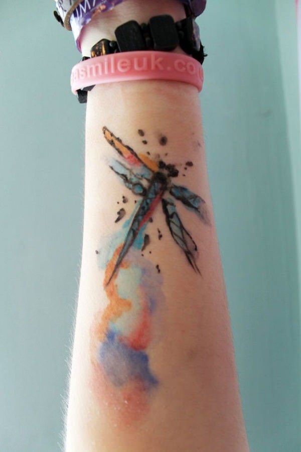 Watercolor Dragonfly Tattoo On Forearm