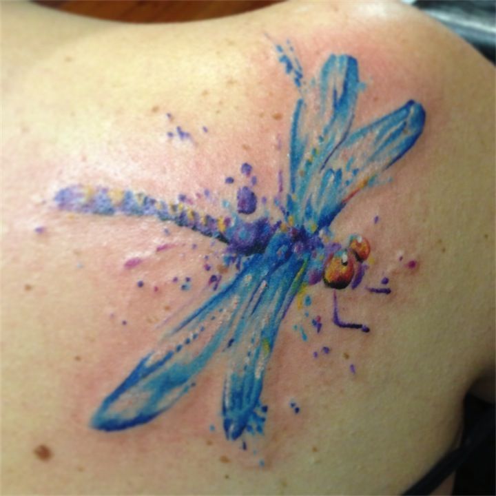 Watercolor Dragonfly Tattoo On Shoulder