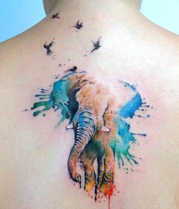 Watercolor Elephant And flying Birds tattoo On back