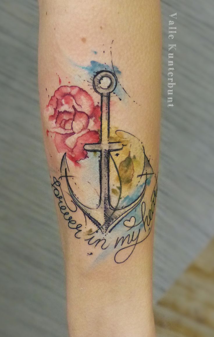 Watercolor Flower And Anchor Tattoo
