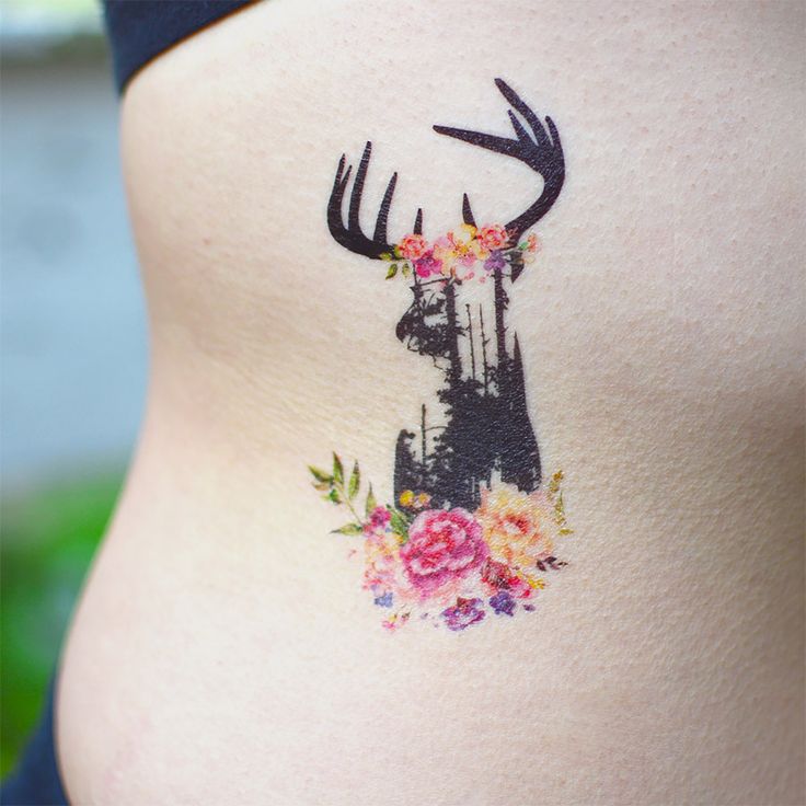 Watercolor Flowers And Buck Tattoo On Side Rib