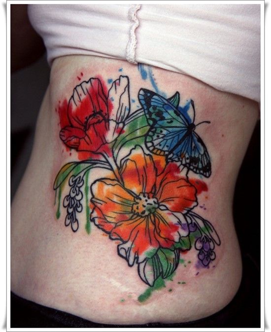 Watercolor Flowers And Butterfly Tattoo On waist
