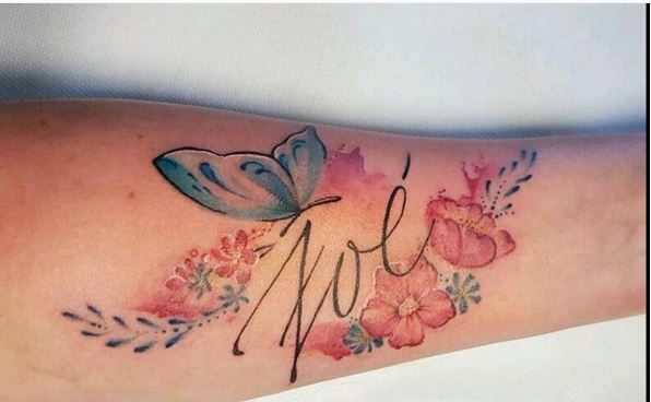 Watercolor Flowers And Butterfly Tattoo With name