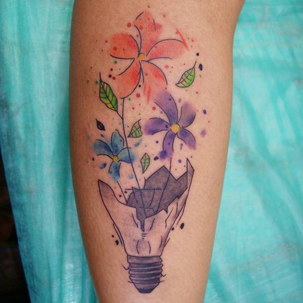 Watercolor Flowers In Bulb Tattoo On Leg Calf
