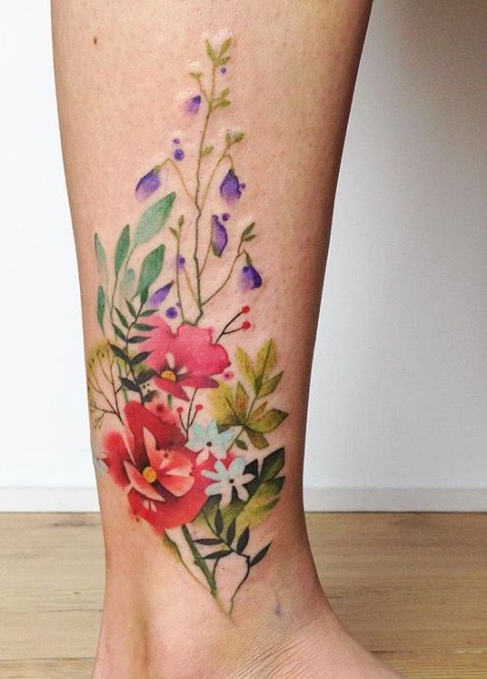Watercolor Flowers Tattoo On Leg