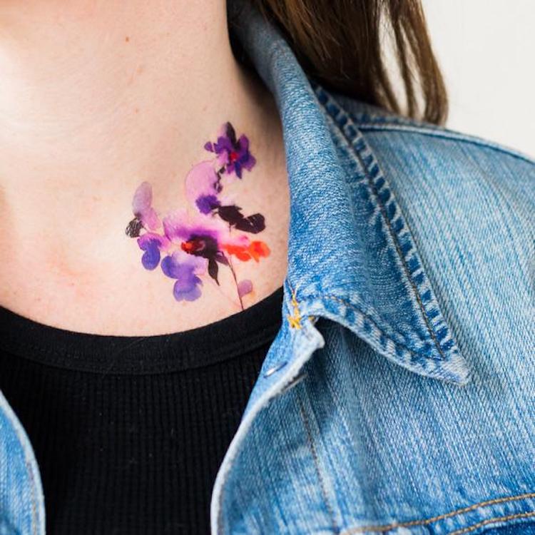 Watercolor Flowers Tattoo On Neck