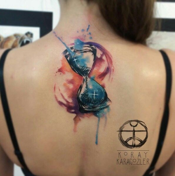 Watercolor Hourglass Tattoo On Back