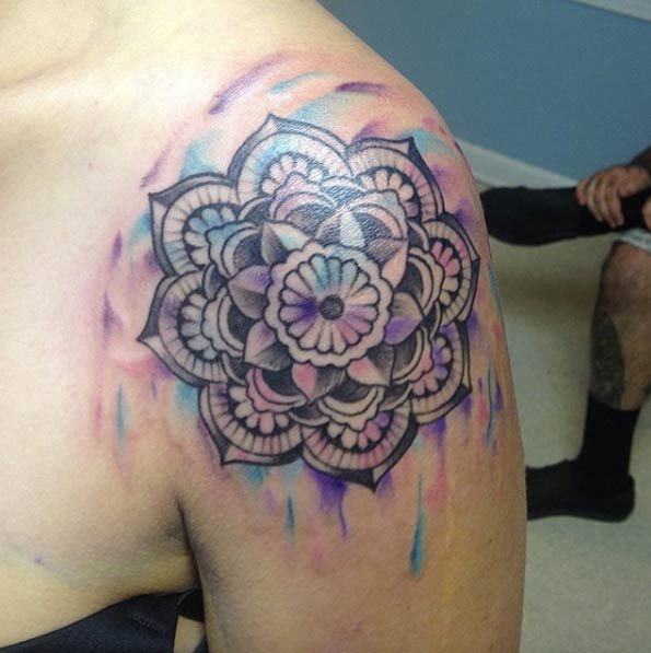 Watercolor Mandala Flower Tattoo On Shoulder
