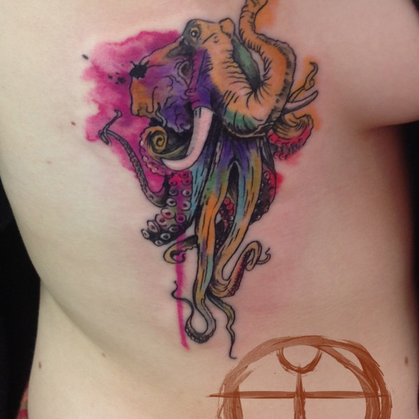 Watercolor Octopus Tattoo on side rib
