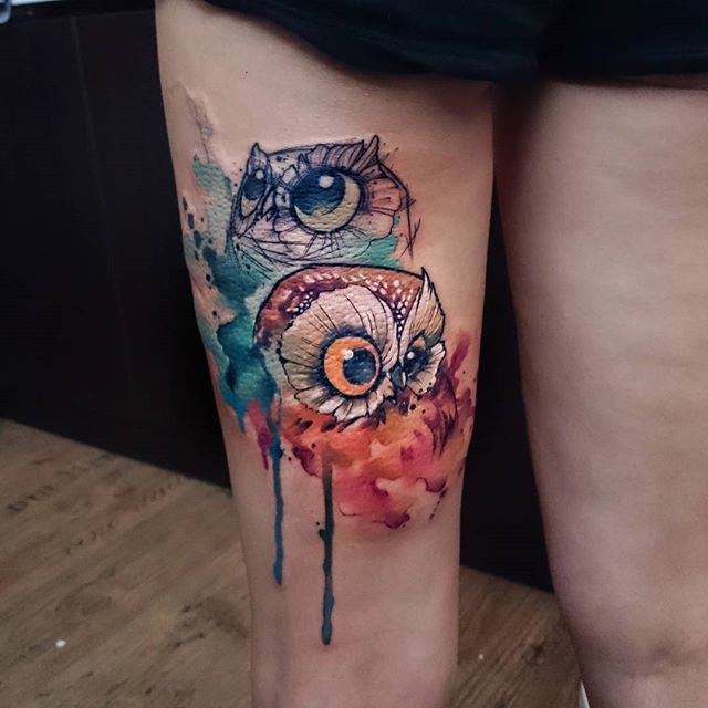 Watercolor Owls tattoo On Thigh