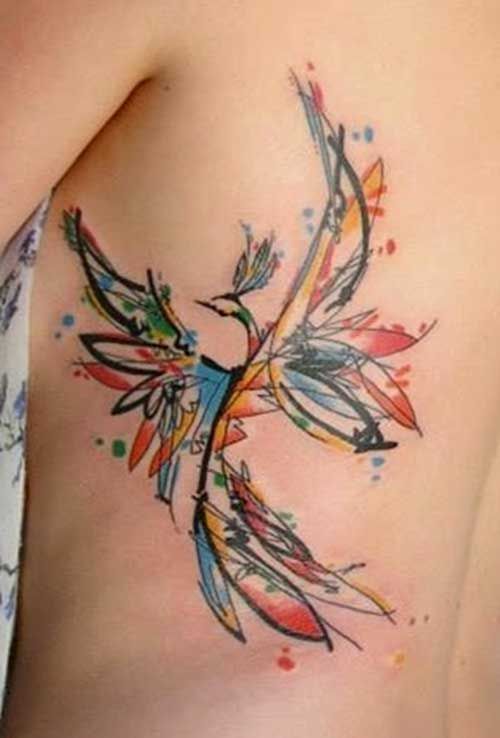Watercolor Phoenix Tattoo On Side rib