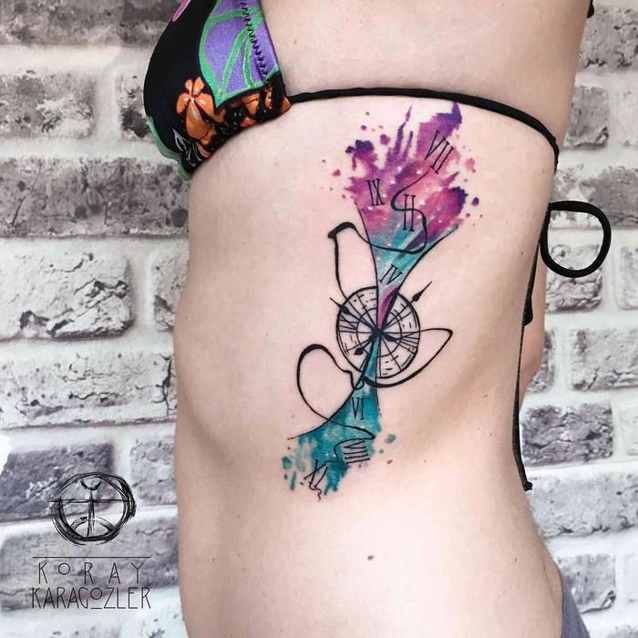 Watercolor Pocket Watch Tattoo On Side rib Cage