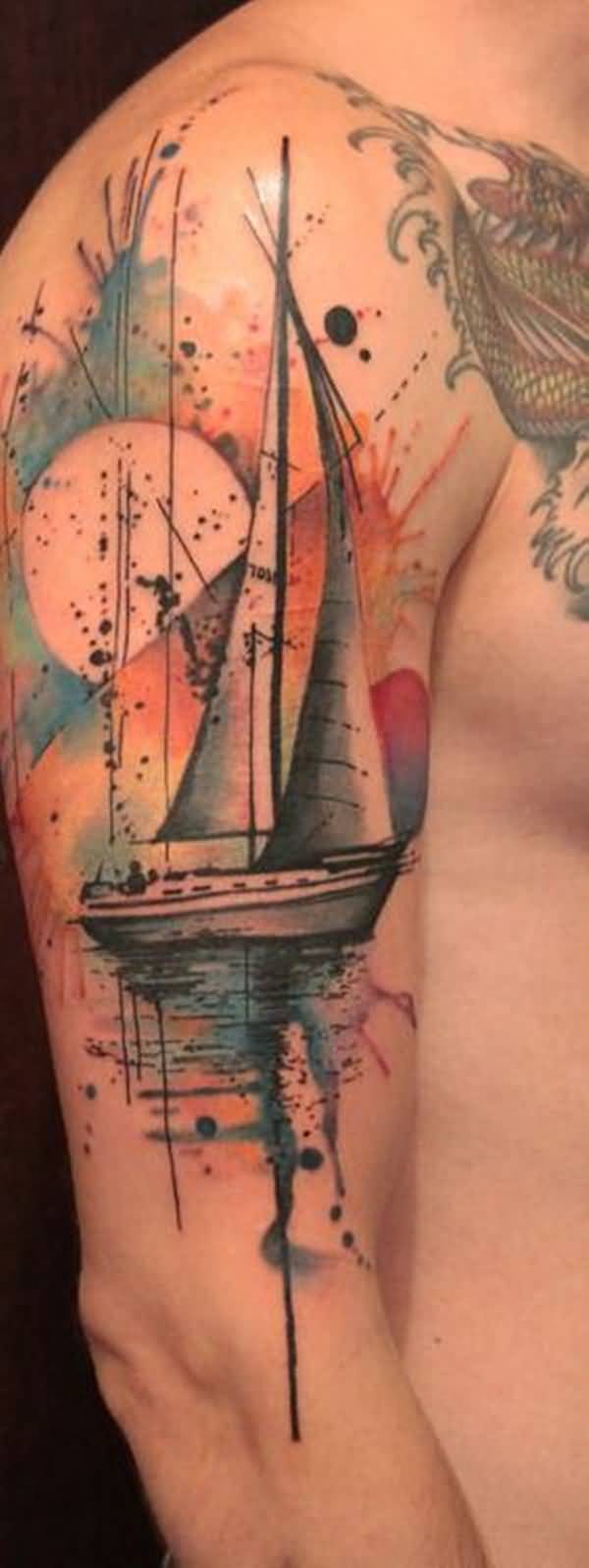 Watercolor Sailor Ship Nautical Tattoo On Arm
