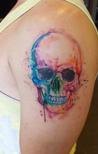 Watercolor Skull Tattoo On Bicep