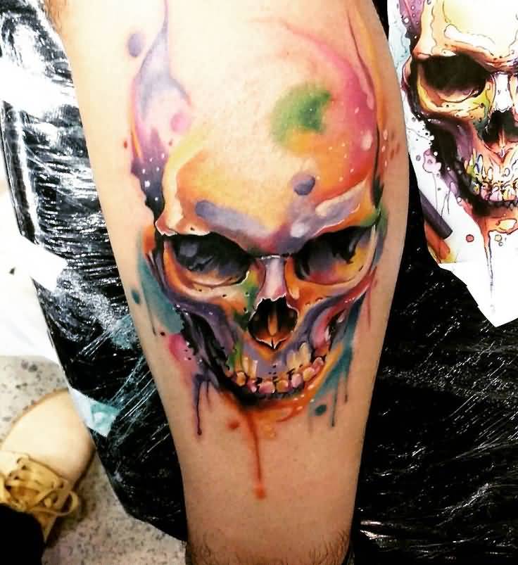 Watercolor Skull Tattoo On Bicep