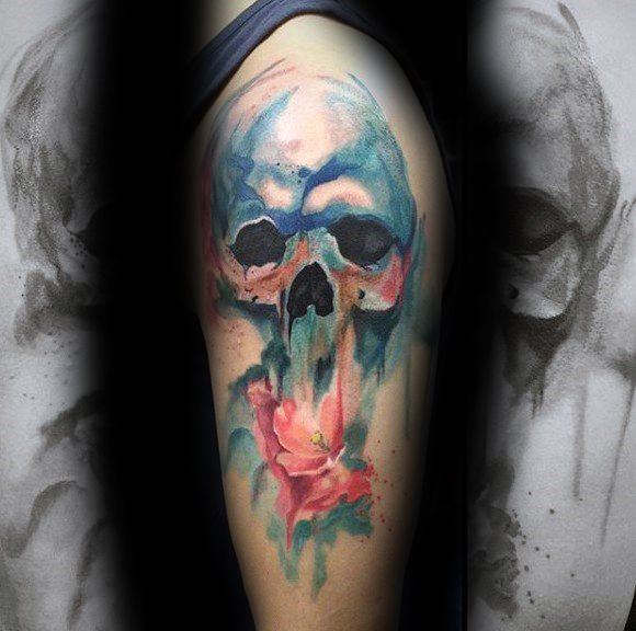 Watercolor Skull Tattoo On Half Sleeve