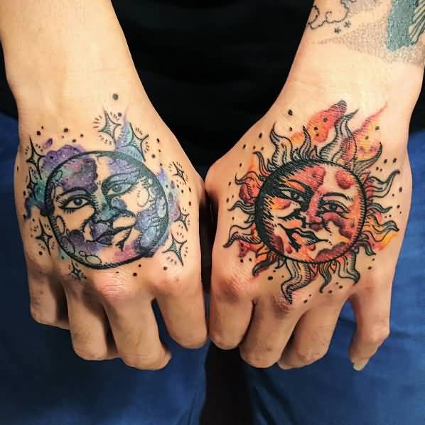 Watercolor Sun And Moon Tattoo On Hand