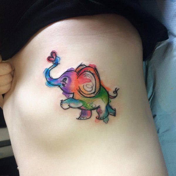 Watercolor Tiny Elephant Tattoo On Rib side