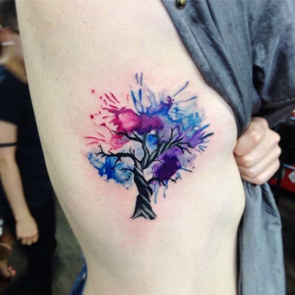 Watercolor Tree Tattoo On Side rib cage