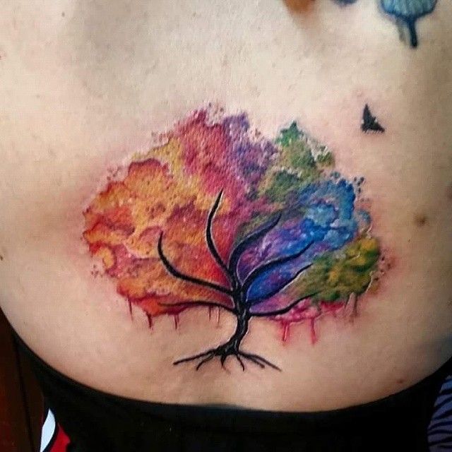 Watercolor Tree Tattoo On Waist