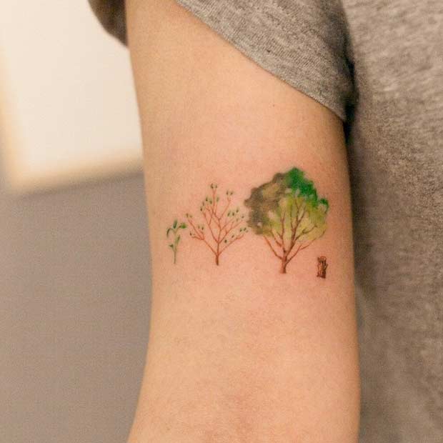 Watercolor Trees Tattoo On upper Arm
