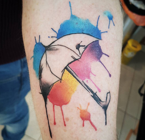 Watercolor Umbrella Tattoo On Leg