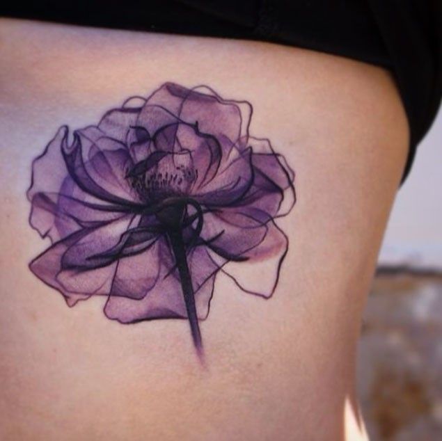 Watercolor Violet Flower Tattoo On side Rib cage