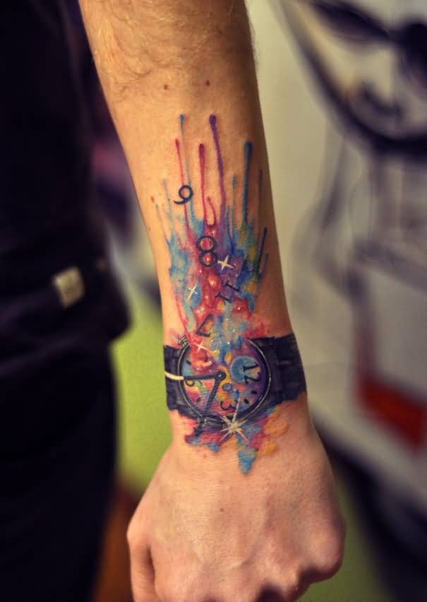 Watercolor Wrist Watch Tattoo On Wrist