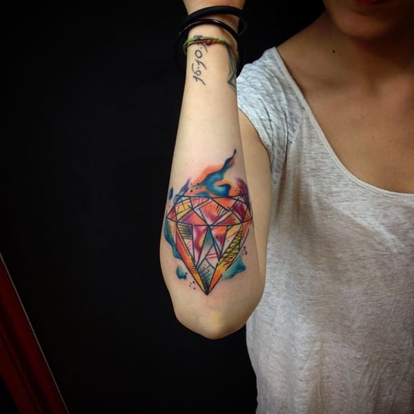 Watercolor diamond Tattoo On Elbow