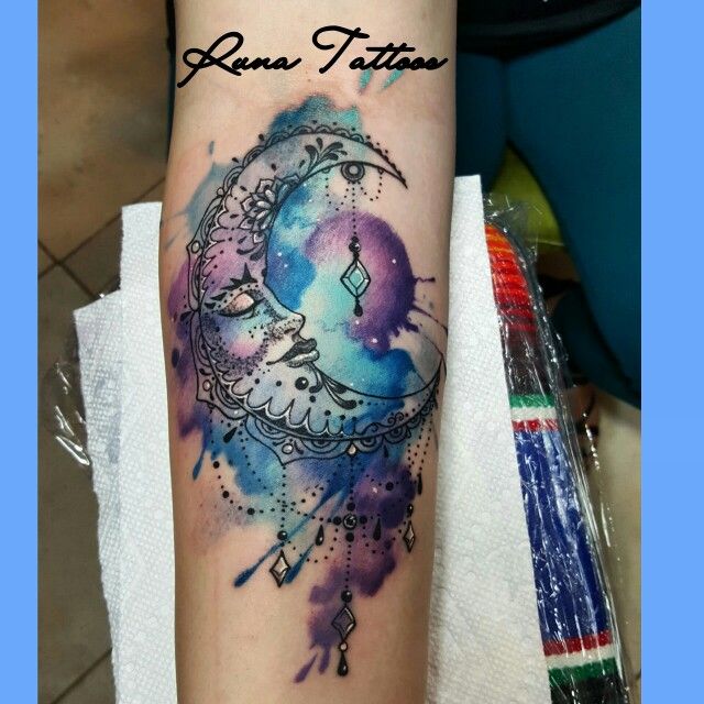 Watercolor half moon with chandelier dot work tattoo